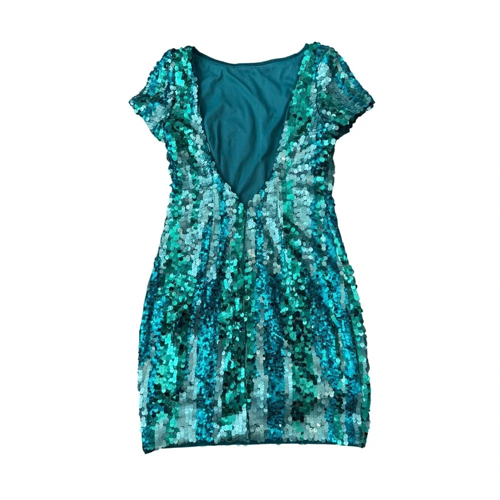 Aidan Mattox Teal Sequin Mini Cocktail Dress Open Back Cap Sleeve US 2 Small